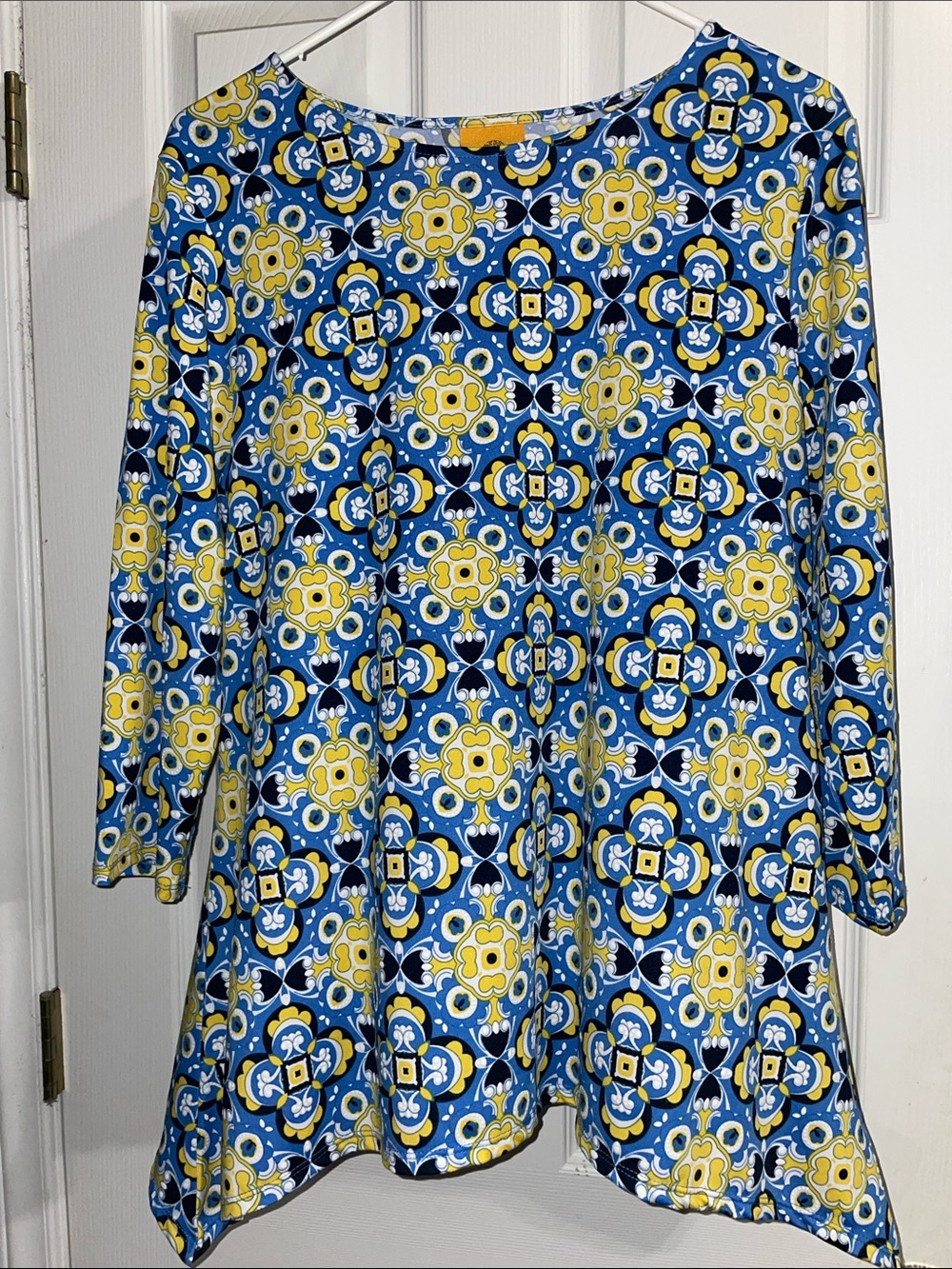 NWOT Ruby Rd Blouse Blue & Yellow Geometric Print Tunic Top Size Med